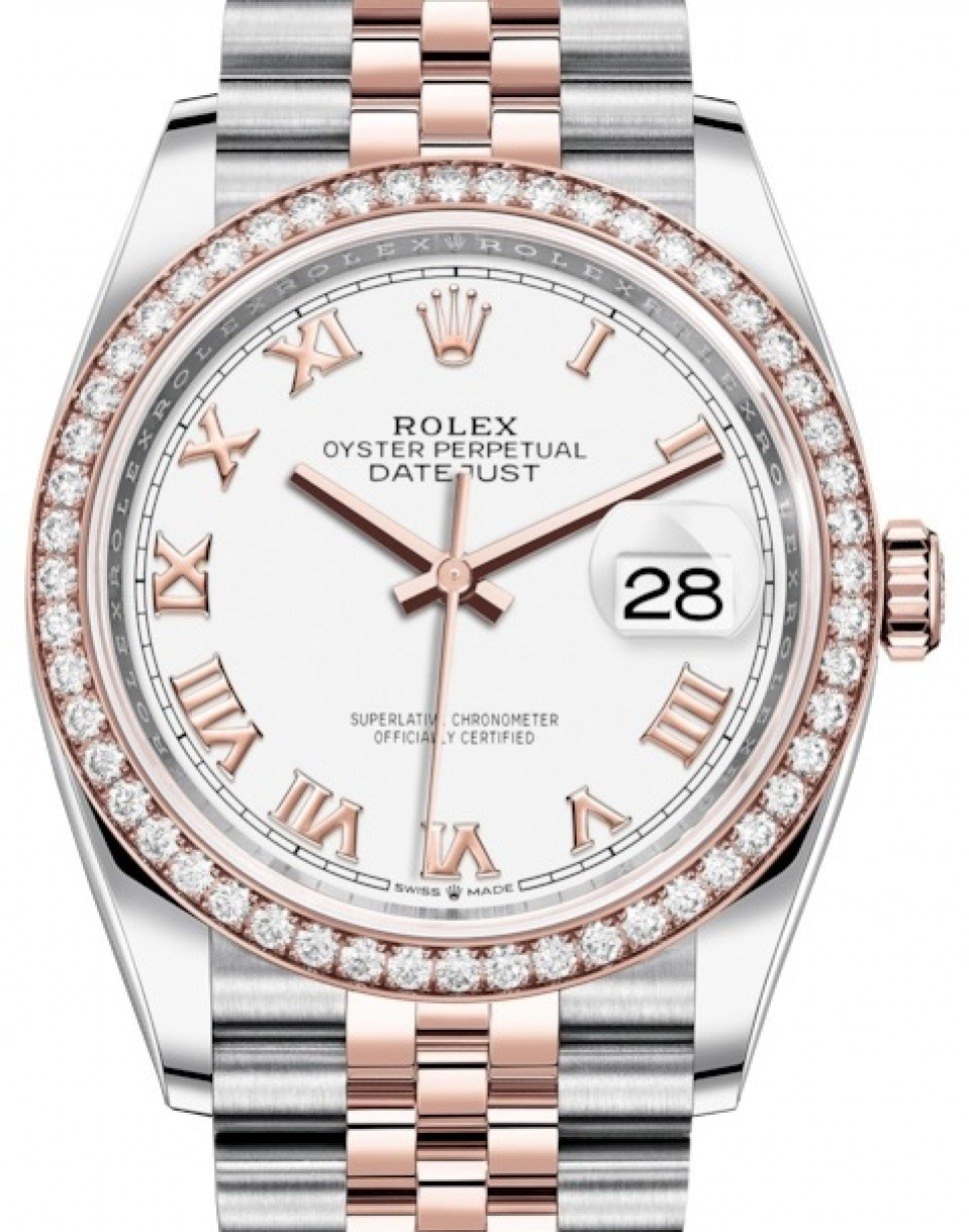 rolex datejust 36 rose gold steel white roman dial diamond bezel